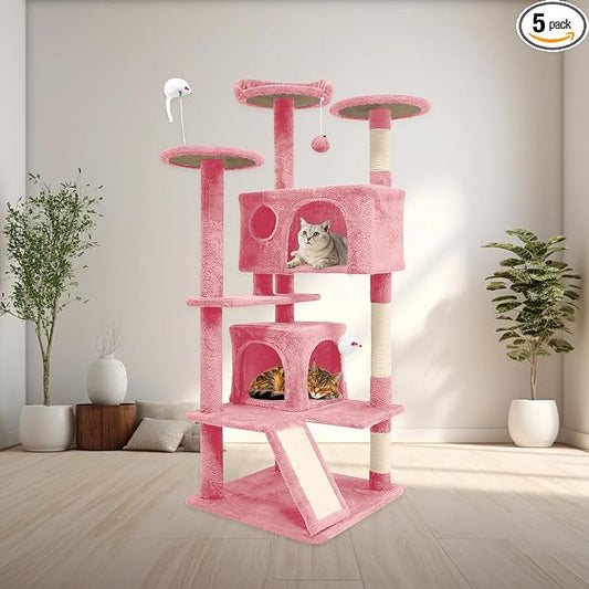 Cat Tree Tower for Indoor Cats,Cat House with Sisal Scratching Post,Multi-Level Cat Condo and 3 Large Platforms (Pink)