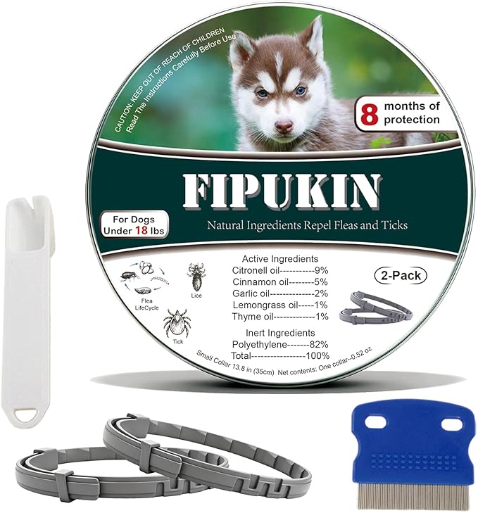 Flea and Tick Collar for Small Dogs, 2‑Pack | 8‑Month Waterproof Protection with Natural Essential Oils | Includes Comb & Tick Removal Tool