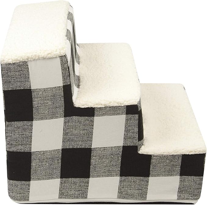 Majestic Pet 3 Step Portable Dog Stairs for Small Dogs to get on Bed Supports 250 lbs or Less – Dog Steps for High Bed with Machine Washable Cover –Pet Stairs for Cats Anderson Check Charcoal Black