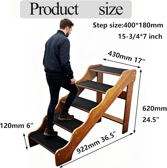 Solid Wood pet Staircase Walnut Paint, Dog Ladder, Suitable for high beds, Sofas, and Cars, with a Weight Capacity of 500 pounds, Anti Slip Staircase, Suitable for Large Pets (Walnut 5 Steps)
