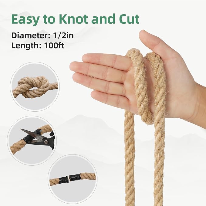 Jute Rope 1/2in100ft Natural Material Heavy Duty Jute Rope Twisted for Indoor Outdoor Crafts, Nautical, Tug of War, Railing, Hammock, Swing, Gardening