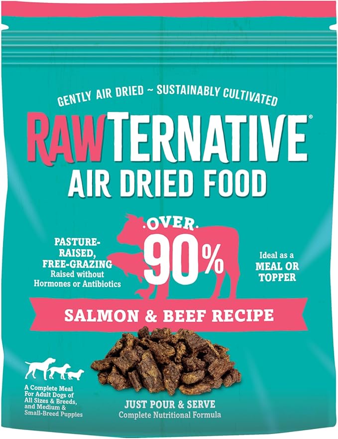 RawTernative Air-Dried Dog Food, High Protein, Over 90% Real Salmon & Beef + New Zealand Green Mussels, Complete Meal or Topper, Grain Free, Gluten Free, Non GMO, (5 lb Bag)