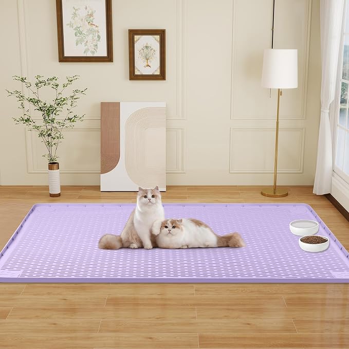 Cat Food Mat, 50" x 35" Extra Large Silicone Pet Feeding Mat with Raised Edge Pet Placemat for Food and Water Bowl Non-Slip, Easy to Clean, Floor Protection (Purple)