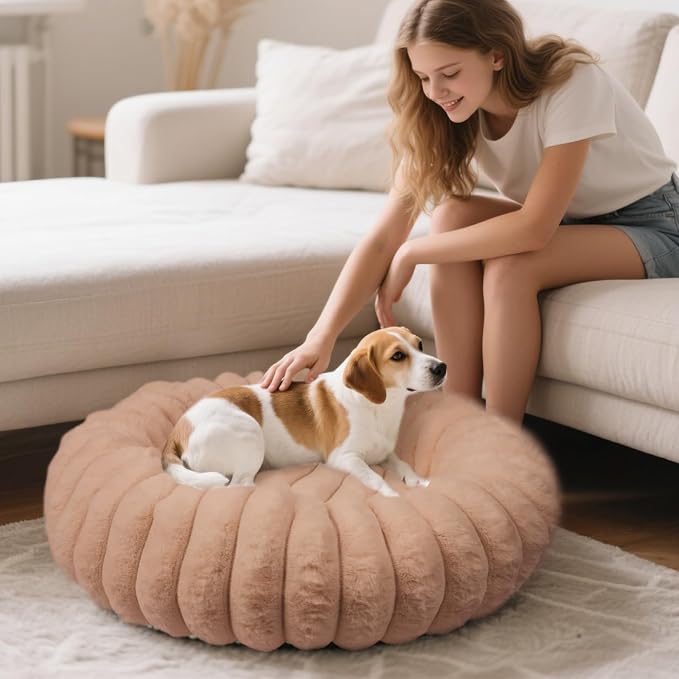Donut Dog and Cat Bed, Luxurious Comfortable Faux Rabbit Fur Pet Beds, Round Anti-Anxiety Calming Puppy Kitten Bed with Anti-Slip Bottom for Small Medium Dogs & Cats(31", Brown)