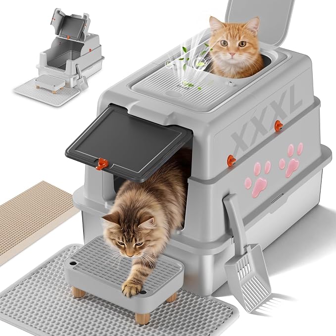 XXXL Stainless Steel Cat Litter Box with Lid, 27.5"×20.1"×17.3" Jumbo Enclosed Litterbox,Dual-Entry (Front Entry & Top Exit),High-Sided,Non-Stick,Odor Control,for Big Cats, with Mat,Scoop & Step,Grey
