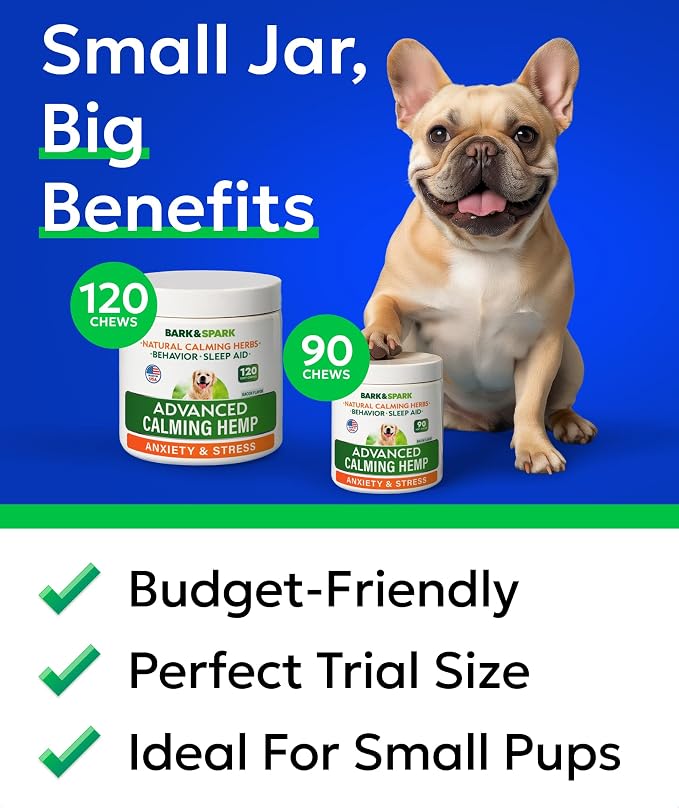 BARK&SPARK Advanced Calming Chews for Dogs - Separation Anxiety Relief for Dogs w/Hemp Oil + Melatonin - Relief During Fireworks, Storms - Aggressive Behavior, Barking, Stress Aid - 90Chews