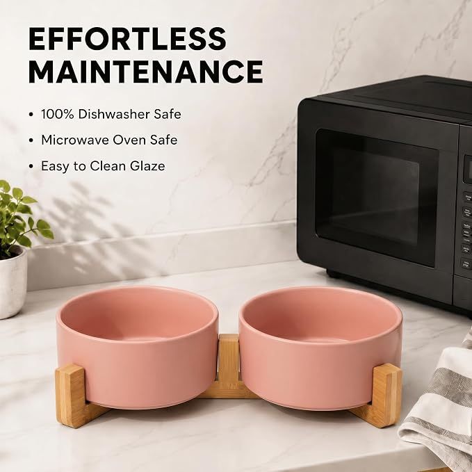 SPUNKYJUNKY Ceramic Dog and Cat Bowl with Wood Stand Non-Slip Matte Glaze Weighted Food Water Set for Cat Medium Dog 28.7 OZ