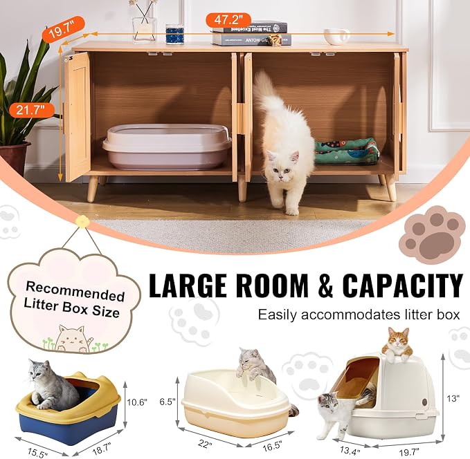 VEVOR Cat Litter Box Enclosure for 2 Cats, Litter Box Furniture Hidden with Double Rooms, Wooden Cat Box Cabinet Fit Most of Litter Box