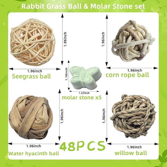 Hamiledyi 48PCS Rabbit Grass Balls 1.96in Guinea Pig Balls Small Animal Activity Enrichment Toy for Bunny Chinchilla Hamster Gerbil Grinding Playing