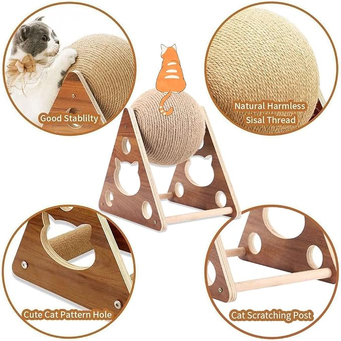 Cat Scratcher Toy,Natural Sisal Rope Cat Scratching Ball Scratcher Toy with Ball for Cats& Kittens&Dogs&Puppy, Interactive Solid Wood Scratcher Pet Toy Suitable for Small Cats and Dogs (Large)