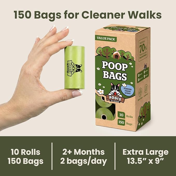 Pogi’s Dog Poop Bags – Leak-Proof & Extra Thick Pet Waste Bags (Fresh Scent, 10 Rolls, 150-Count)