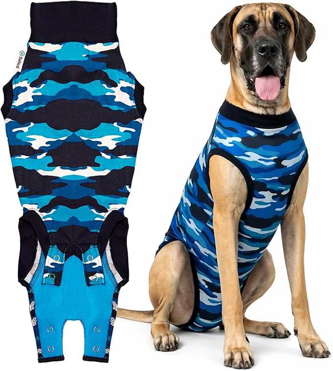 Suitical - The Original Dog Surgery Recovery Suit - Replace E-Collar & Cone - Spay, Neuter, Wounds, Prevent Licking - 2XL - Neck to Tail 31.5-36.2in - Chest 36-46in - Weight 80-120lbs, Blue Camouflage