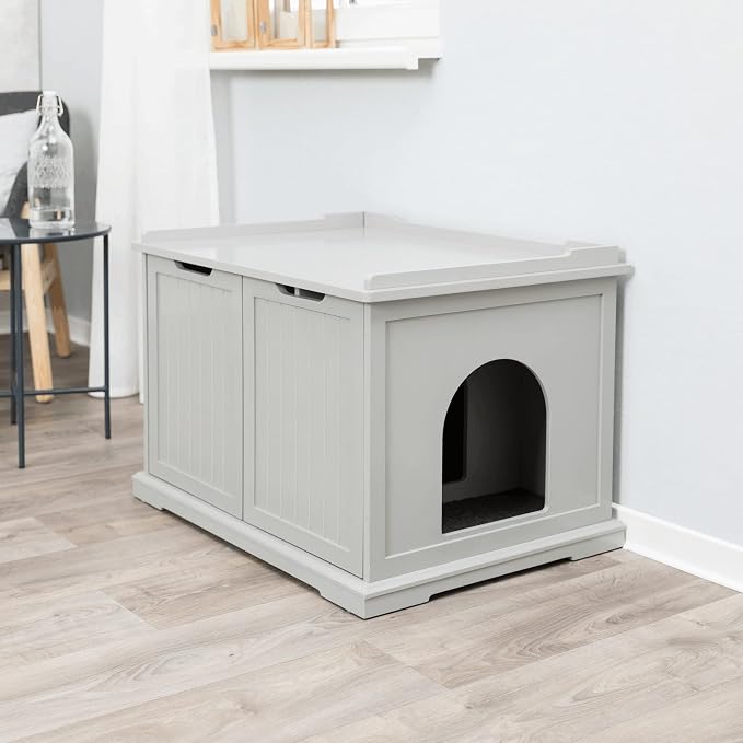 Trixie XL Furniture Litter Box Enclosure (Gray), Hidden Litter Box for Cats with Openings on Either Ends & Large Ventilations Slots, Double Doors for Easy Cleaning, Removable Divider