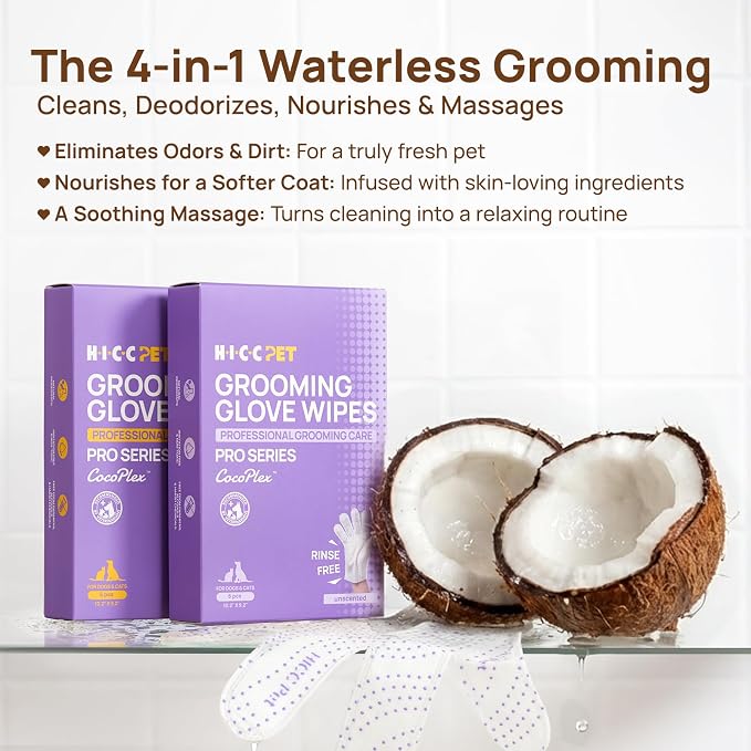 HICC PET Grooming Glove Wipes Pro – Pet Cleaning Gloves for Dogs & Cats – Infused with Coconut Oil & Plant Extracts – Hypoallergenic, Gentle, Spa-Like Care at Home, Portable 6 Pack - Coconut Scent