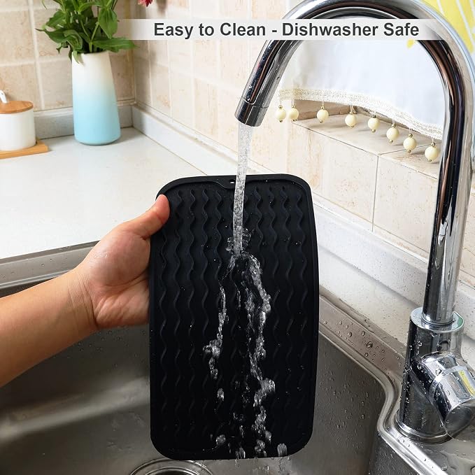 ZLR 2 Pcs Silicone Sink Caddy Tray (6" x 12" / 153 x 305mm) - Narrow Sponge Holder for Kitchen Counter - Waterproof Dish Drying Mat, Non-Slip Soap Dispenser Mat & Bathroom Vanity Organizer (Black)
