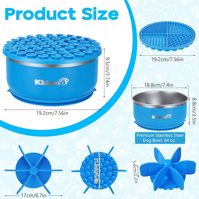 Slow Feeder Insert Bowl - 3 in 1 Stainless Steel Dog Food and Water Bowl 64oz with Lick Mat, Non-Slip Suction Cup Dog Food Bowl Puzzle Maze Slows Down Eating for Dogs Cats