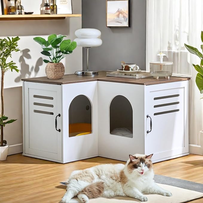 Corner Litter Box Enclosure for 2 Cats, 31.5in Hidden Litter Box Furniture, Litter Box Cabinet with Double Room, Indoor Cat House End Table, Retro White