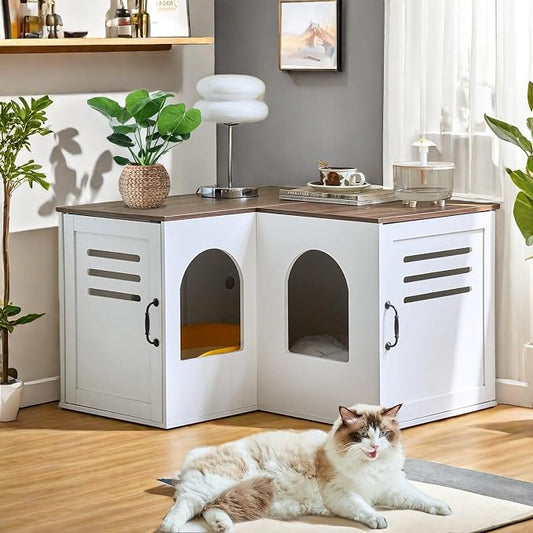 Corner Litter Box Enclosure for 2 Cats, 31.5in Hidden Litter Box Furniture, Litter Box Cabinet with Double Room, Indoor Cat House End Table, Retro White