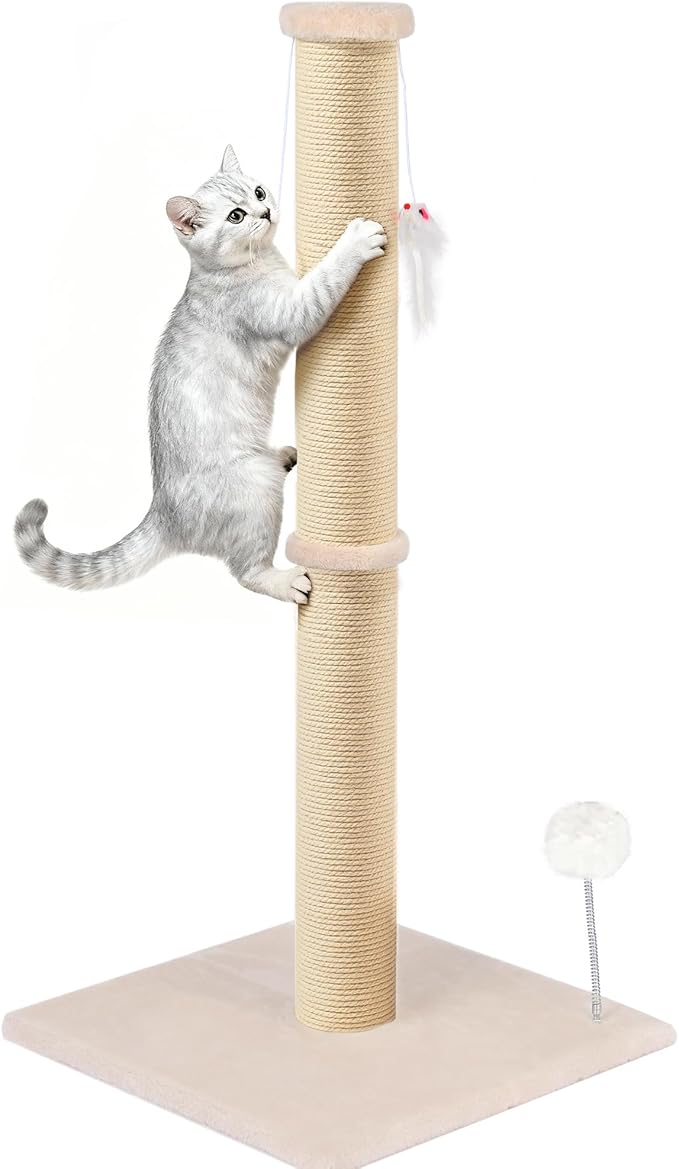36 Inch Tall Cat Sisal Scratching Post for Indoor Cats, Beige | Natural Sisal, Sturdy Base, Interactive Toys, Full Stretch, Furniture Scratching Redirect, For Kittens and Adult Cats
