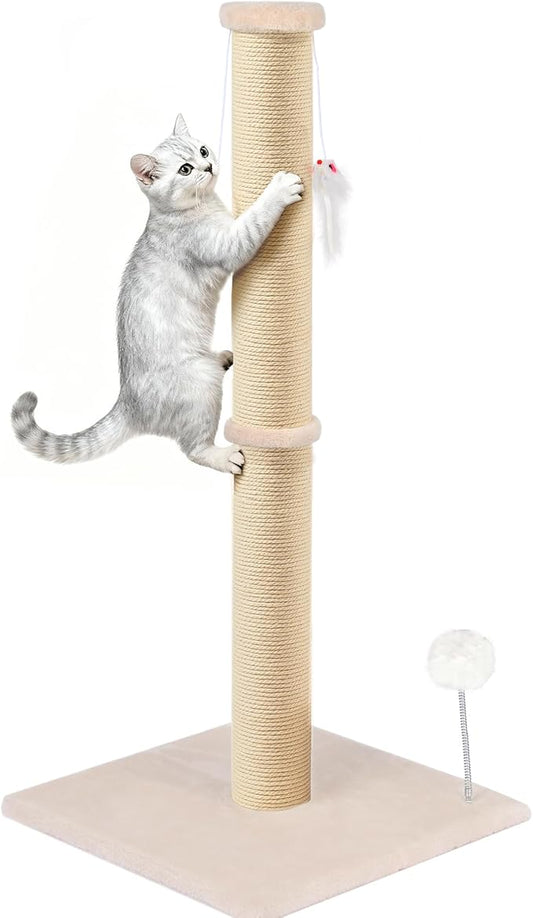 36 Inch Tall Cat Sisal Scratching Post for Indoor Cats, Beige | Natural Sisal, Sturdy Base, Interactive Toys, Full Stretch, Furniture Scratching Redirect, For Kittens and Adult Cats