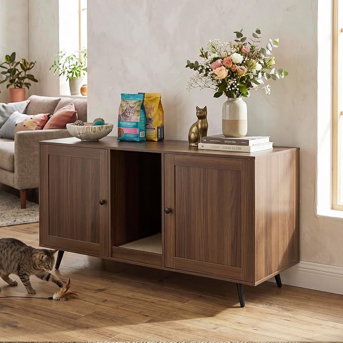 Tangkula Double Cat Litter Box Enclosure for 2 Cats, Large Stackable Hidden Privacy Cat Washroom Cabinet with Scratching Board, Indoor Cat House TV Stand Side Table, Litter Box Furniture (Brown)