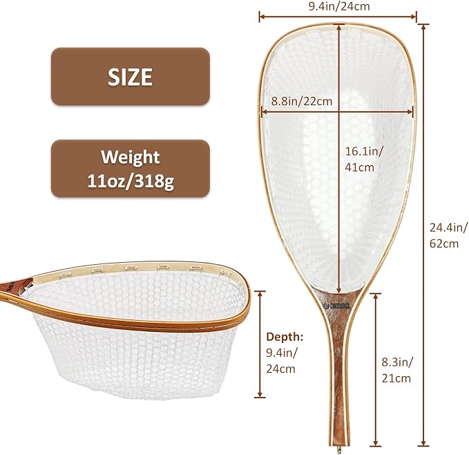 ONROCL Fly Fishing Net Trout Net with Magnetic Release and Rod Holder Wooden Frame Landing Net with Soft Rubber Mesh for Catch and Release (Clear Small Holes)