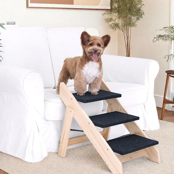 Wood Pet Stairs/Steps, 2-in-1 Foldable Dog Steps for Bed, Sofa, Couch and Cars, 3 Levels Dog/Cat Ladder & Ramp for Small Medium Large Pet, Wooden Frame Support Up to 110 lbs, Light Yellow