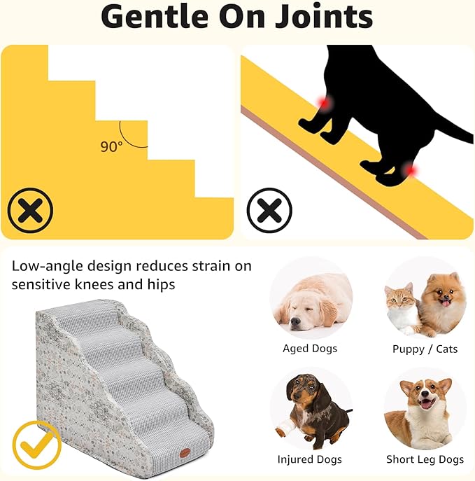 Woochpet Side Armrest Dog Stairs for High Beds Up to 26-30",5 Tier Wider Curved with Weighted Base Plate, Washable Cover Gentle Slope Steps, Bed & Couch Ladder for Small Medium Dogs & Senior Cat