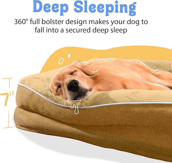 Chez Paw Orthopedic Dog Bed for Medium & Large Dogs, Waterproof Egg-Crate Foam Dog Bed with Removable Washable Cover, 4-Sided Bolster Support & Non-Slip Bottom, Brown 36"x27"x7"