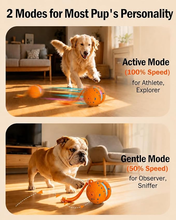 osou Interactive Dog Toy, Random Path Rolling Dog Ball with Rope, 2 Speed Modes, Motion-Activated, Pet-Safe ETPU Shell, Automatic Moving Toy for Small Medium Large Dogs and Most Dog Personalities