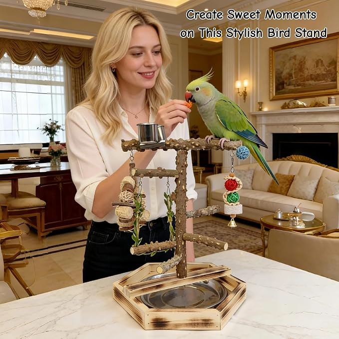 Natural Pepper Wood Bird Play Stand with Stainless Steel Bowls, Handmade Parrot Perch Gym with Chewing Toys & Bell, Tabletop Training Stand for Small to Medium Birds