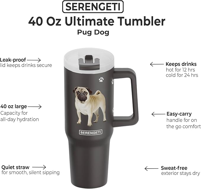 E&S Pets SERENGETI 40 Oz Ultimate Tumbler with Handle and Straw - Vacuum Insulated Tumbler with Straw and Lid - Stainless Steel Travel Mug for Pet Lovers - 3D Designs of your favorite Dog (Pug)