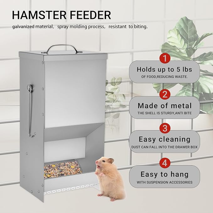 Rabbit Feeders Automatic for Cages,5 Pound Large Metal Trough Feeder with Lid Galvanized Steel Outdoor Bunny Food Dispenser for Rabbits Chicken Guinea Pig Pet and Other Small Animals