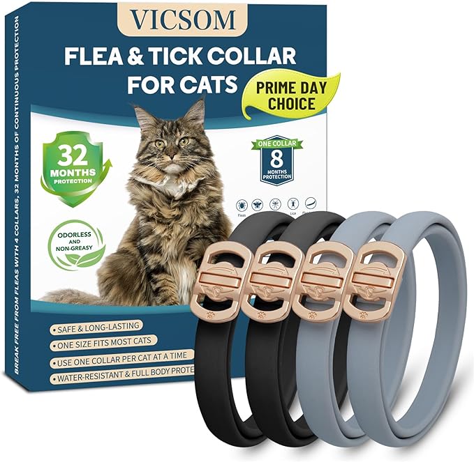 Flea and Tick Collar for Cats - 4 Pack, 32 Month Protection Treatment, Waterproof, Natural Prevention, Adjustable for Cats & Kittens (Black Grey)