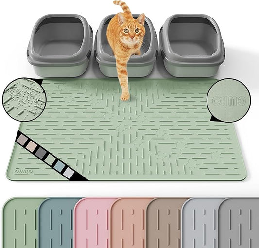OHMO Cat Litter Mat XXL Trapping Mat Premium Silicone Rubber 37.5x25.2 Sage Green, Waterproof and BPA Free Kitty Litter Box Mat, Easy to Clean and Keeps the Floor Tidy