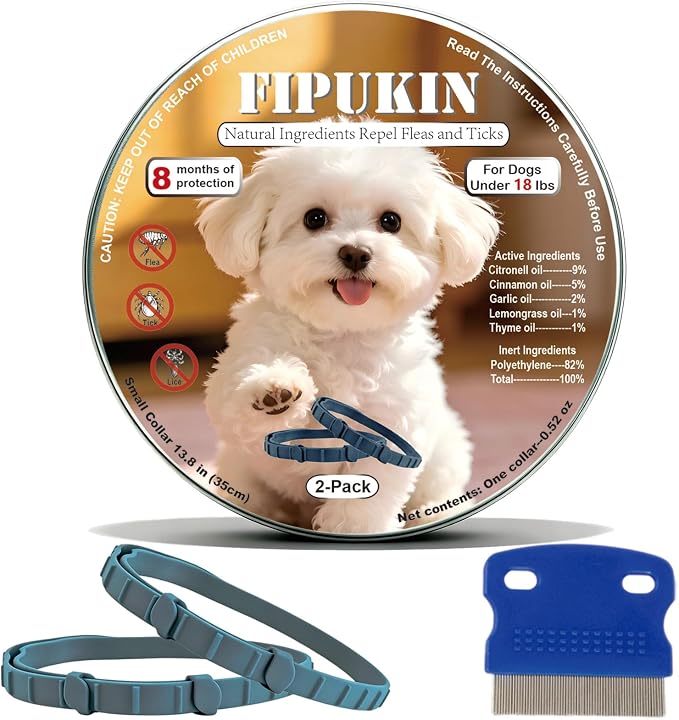 Flea and Tick Collar for Small Dogs, 2‑Pack | 8‑Month Waterproof Protection with Natural Essential Oils | Includes Comb
