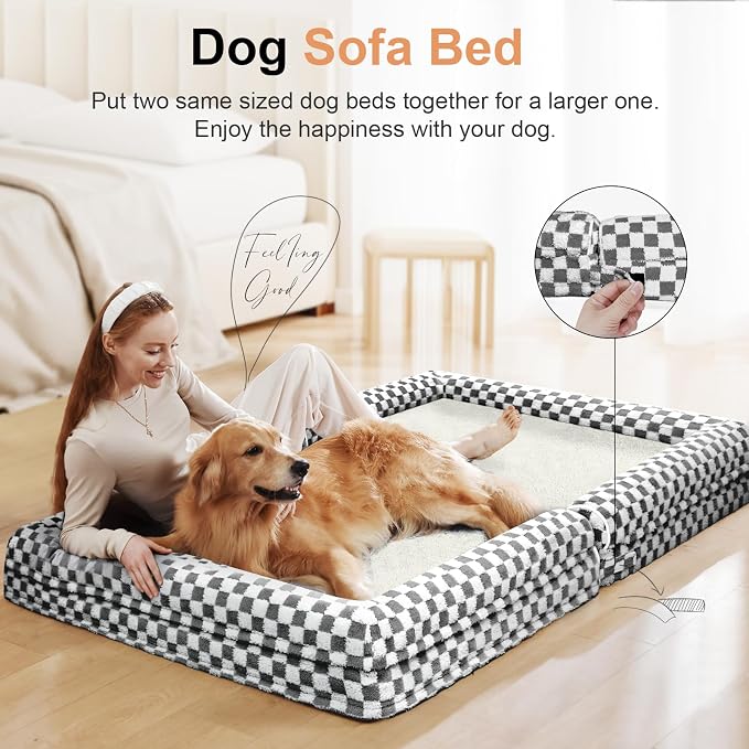 Large Dog Bed Orthopedic Washable: Beds Bolster XL Bed Large Big Dogs Egg Crate Foam Couch Sofa Waterproof with Removable Cover - Dark Grey Grid