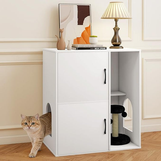 Rovibek Double Cat Litter Box Enclosure, Hidden Litter Box Furniture with Scratching Post and Dangling Ball, Dual Cat Litter Cabinet for 2 Litter Boxes, White
