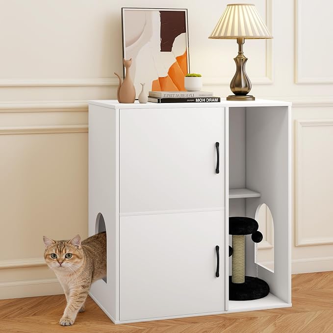 Rovibek Double Cat Litter Box Enclosure, Hidden Litter Box Furniture for 2 Cats with Scratching Post and Storage, Dual cat Litter Cabinet for 2 Litter Boxes, White