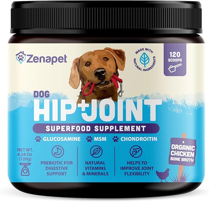 Dog Hip & Joint Support Premium Powder Topper, Glucosamine, Chondroitin, MSM,120 Servings (4-Month Supply), Supports Joint Comfort & Mobility, Human-Grade, Made in USA