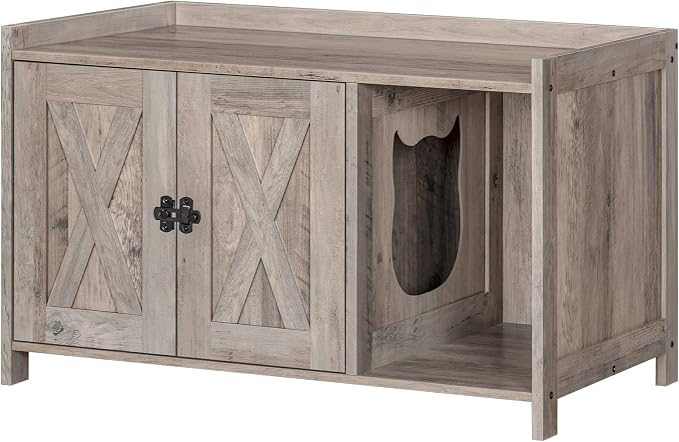 MAHANCRIS Cat Litter Box Enclosure, Hidden Litter Box Furniture with Divider, Indoor Cat House, Wooden Cat Washroom Storage Cabinet Bench, Side End Table Nightstand, Greige CWHG2501Z