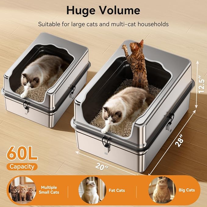 Jotesnew XXXL Stainless Steel Litter Box,28" L*20" W*12.5" H Large Capacity Metal Cat Litter Box for Big & Multiple Cats,Anti-Leakage,Non-Stick Surface for Easy Cleaning,Odor-Resistant