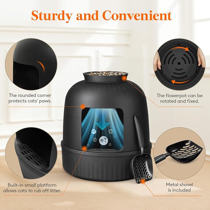Lifewit Cat Litter Box, Hidden Enclosure Litter Tray with Odor Control & Carbon Filter in Living Room, Bedroom, Corner with Faux Plant& Stainsteel Scoop, 48 x 120 cm/19x47, Black