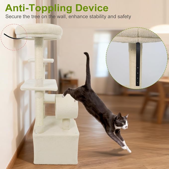 Tangkula Cat Tree Tower, 48 Inch Multi-Level Cat Tower with Large Condo, Sisal Scratching Post, Padded Top Perch, Tunnel, Hanging Ball, 3 Jumping Platforms for Indoor Cats (Beige)