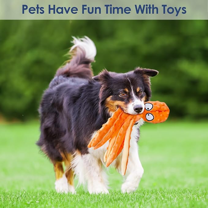 8 Pack Squeaky Octopus Plush Dog Toys for Aggressive Chewers, No Stuffing, Crinkle, Durable Interactive, 4 Colors
