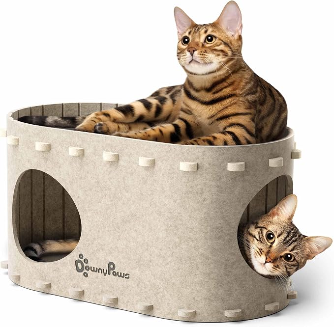 DownyPaws Cat House for Indoor Cats, Cat Bed Cave for Multiple & Large Cats Up to 22 Lbs, Scratch Resistant Peekaboo Cat Caves, Foldable Cat Tunnel Enclosed Bed, PeekaPurr, Cream and Forest