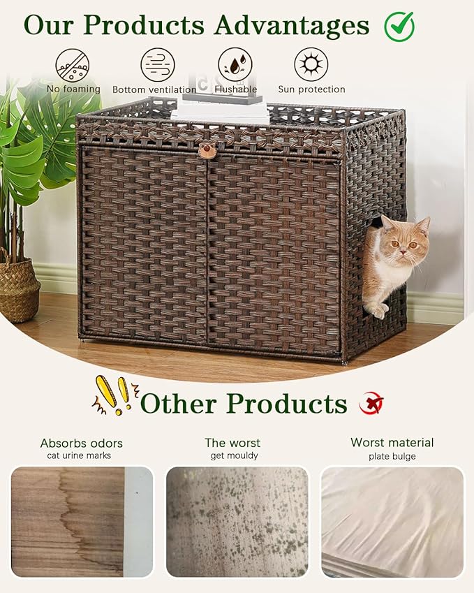 SETVSON Cat Litter Box Enclosure Furniture, Handwoven Rattan Hidden Litter Box with Mat, Large Space Cat House with 2 S-Shaped Hooks, 30.3 x 18.3 x 24.4 Inches, Indoor for Living Room Apartment Brown