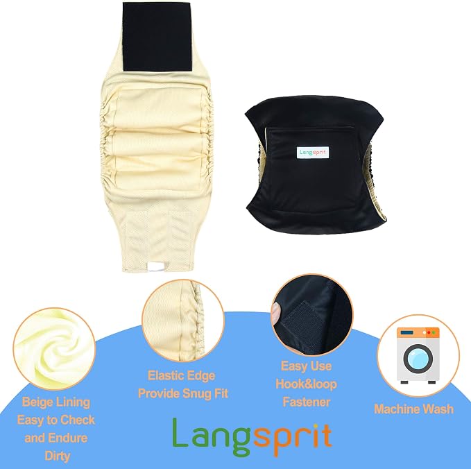 Langsprit Male Belly Bands for Dogs (Pack of 3) - High Absorbing Dog Wraps Male Washable - Reusable Dog Diapers (Black, X-Large)