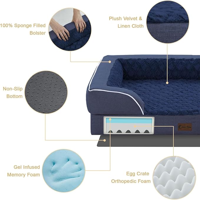 Orthopedic Dog Beds for Extra Large Sized Dogs 42x30 Inch, XL Waterproof Egg Crate Foam Dog Sofa Bed with Removable Washable Cover Big Pet Couch with Bolster & Non-Slip Bottom, Navy Blue