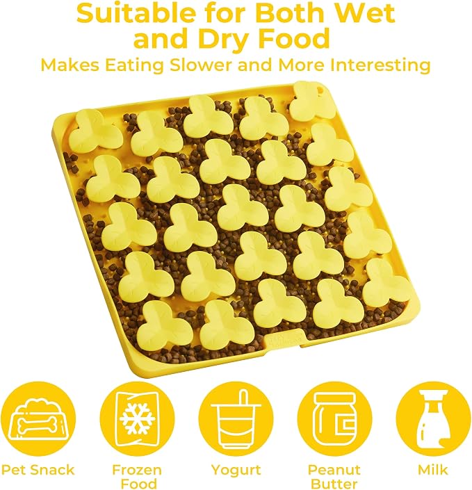Puzzle Feeder Snuffle Mat for Dogs, Lick Mat to Slow Down Eating, Puzzle Toys for Large and Medium Breed Dogs, Silicone Bowls for Dry, Wet, Raw Food, Yellow